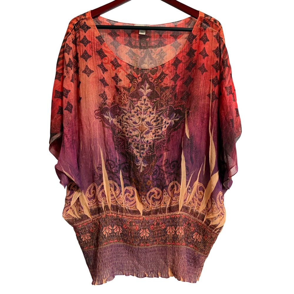 One World Women 1X Red Purple Paisley Sheer Chiffon Smocked‎ Hem Dolman Top